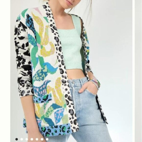 Anthropologie Maeve Cardigan XS Savannah Contrast Floral Animal Print Boho - Picture 1 of 12